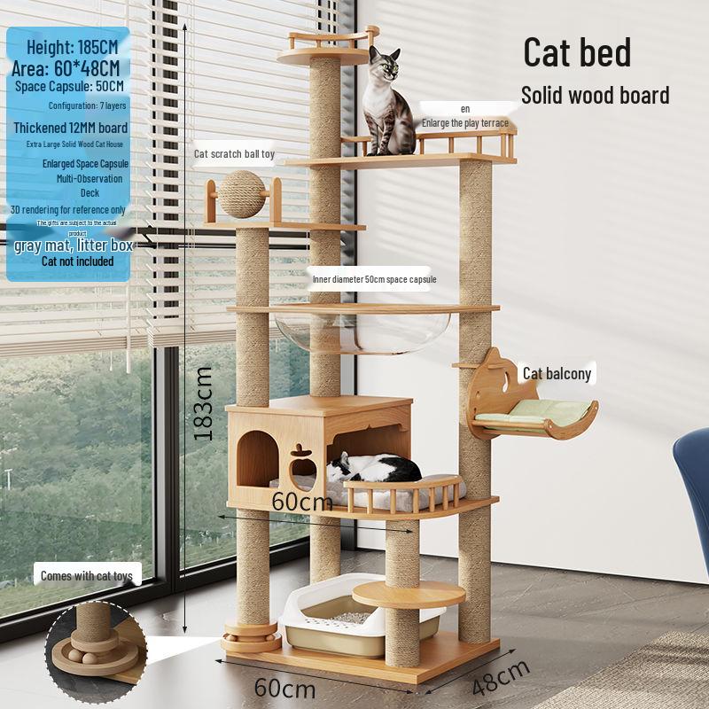 Large Solid Wood Cat Tree with Space Capsule, Plus Size Scratching Post & Board, Floor-to-Ceiling Multi-Season Toy, Wear-Resistant.