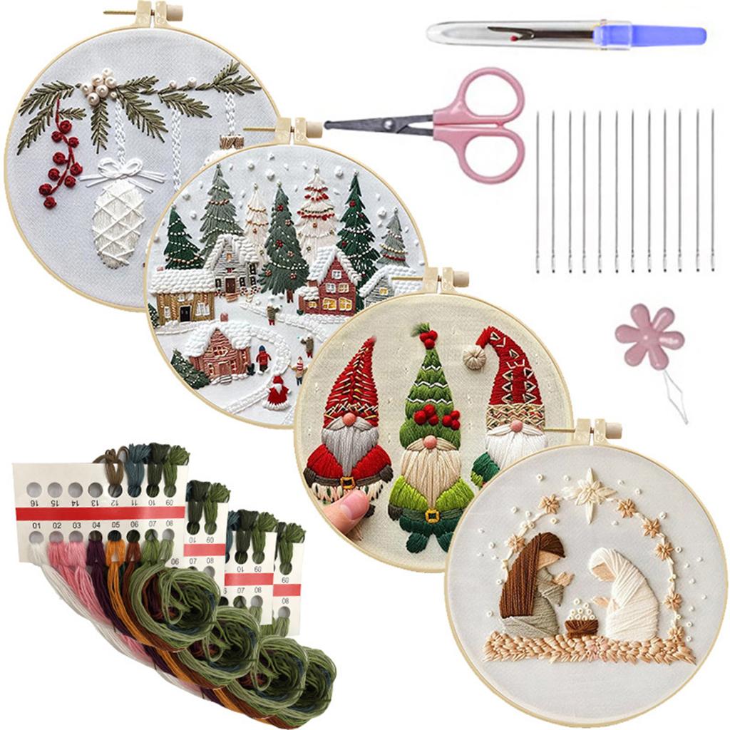 4 Sets Christmas Embroidery Kits with Pattern Needles Threads Tools Handmade Sewing Xmas Crafts Set for Adults Beginner