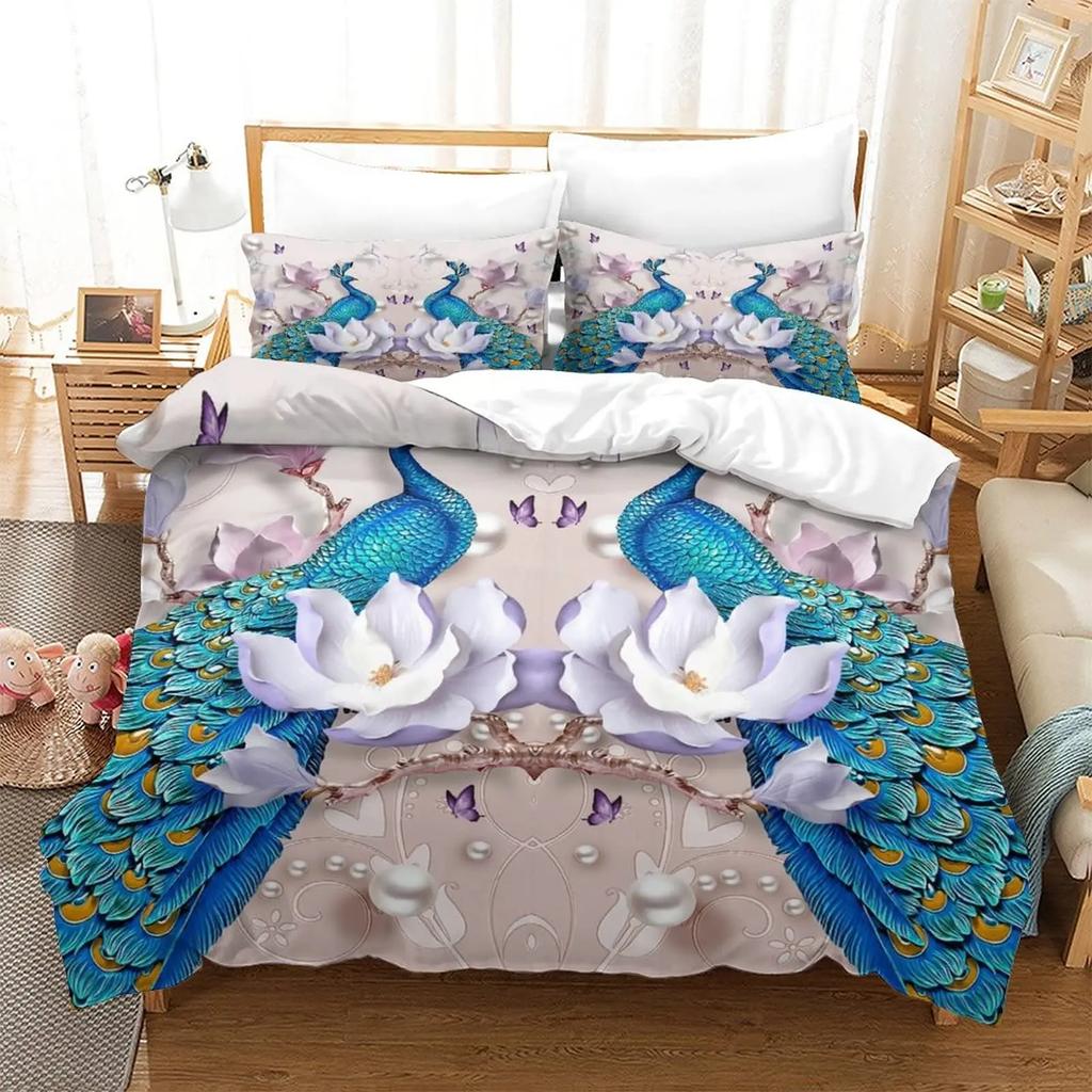 Peacock Duvet Cover Exotic Birds Animals Quilt Cover Polyester Feather Butterfly Flowers Bedding Set 2/3Pcs King For Girls Teens