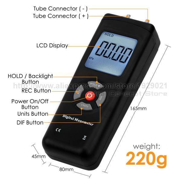 Manometer MAN-45 Digital Portable Handheld Air Vacuum Gas Pressure Gauge Meter with Backlight 11 units +/- 13.78kPa +/- 2PSI