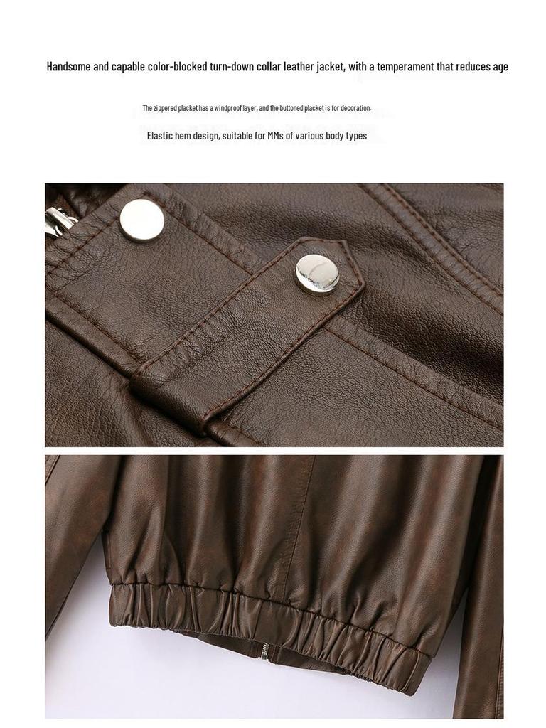 Autumn 2024 Women's Casual Turn-Down Collar Leather Jacket - Slim Fit XG9926