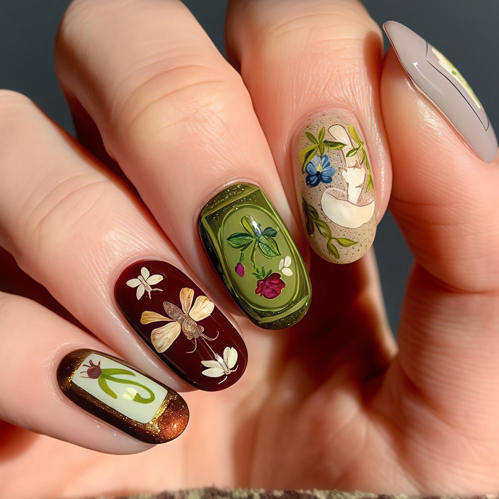 Wear the new pastoral style flower pattern mushroom insect removable nail art piece 24 pieces