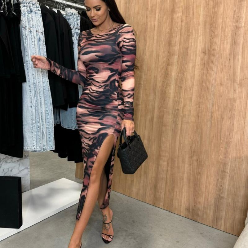 Autumn New Long Sleeve Zebra Print Split Sexy Dress Women Round Neck Slim Fit Vintage Party Club Casual Dresses Women Elegant High Waist Dress 25240