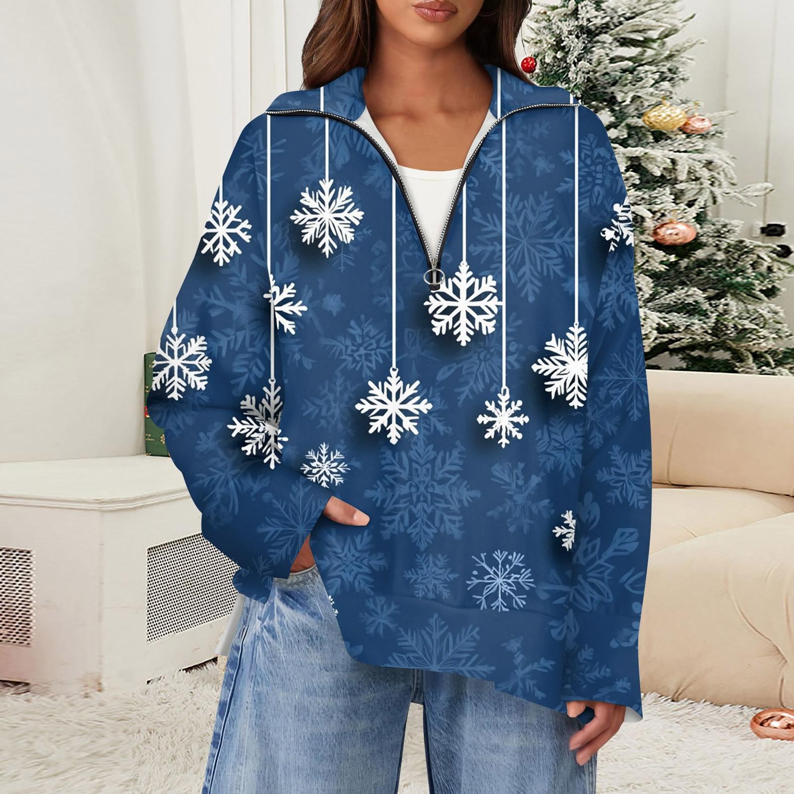 

Женский повседневный свитер с полумолнией и лацканами со снежинками и разрезом сверху по бокам, модная одежда XL синий