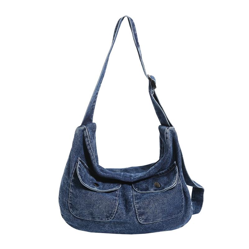 Borsa Hobo in Denim Lavato Vintage con Doppie Tasche Frontali a Pattina Borsa a Spalla Casual Morbida per Donne Quotidiana