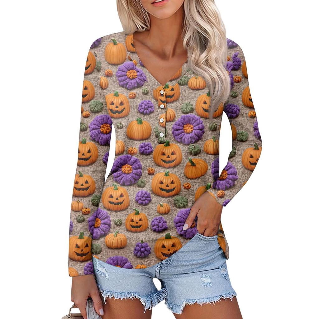 Women's Casual Fashion Sexy Comfort Halloween Printed V-Neck Button Long Sleeve