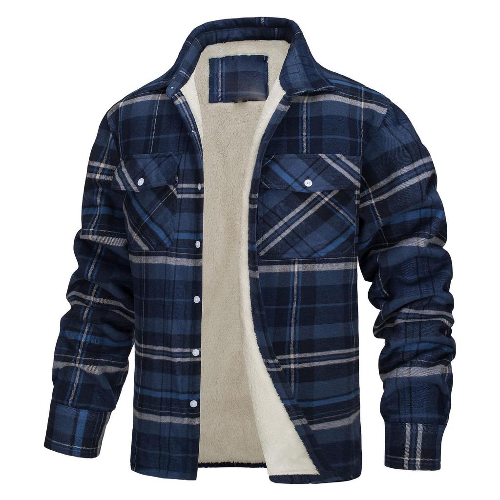 Men's Plaid Shirt Jacket Button Up Casual Cotton Jacket Thicken Warm Spring Work Coat Outerwear Plus Size