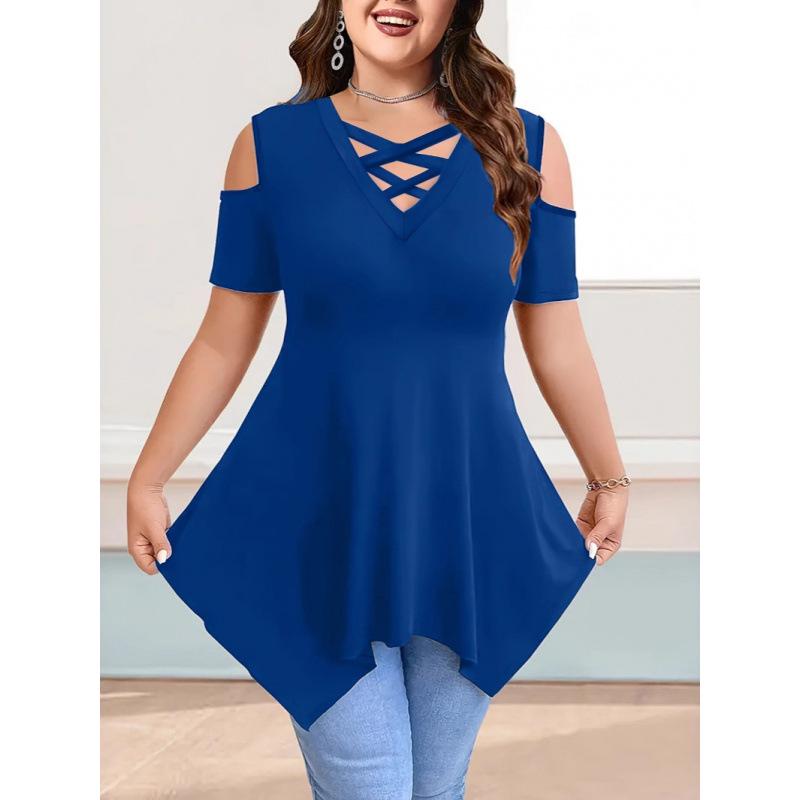 V-Neck Off-Shoulder Short Sleeve Crossover Strap Women's T-Shirt