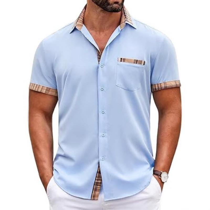 Men's Summer Casual Button Down Shirt Fashion with Plaid Trim Pocket Detail Short Sleeve