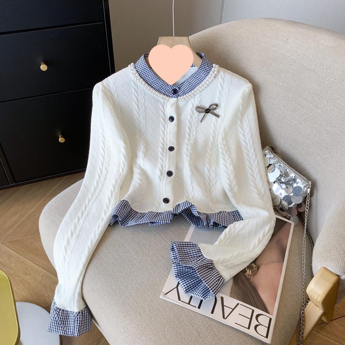 Women s Beaded Color Block Cable Knit Sweater - Faux Two-Piece with Stand Collar 2XL (63kg-68kg)