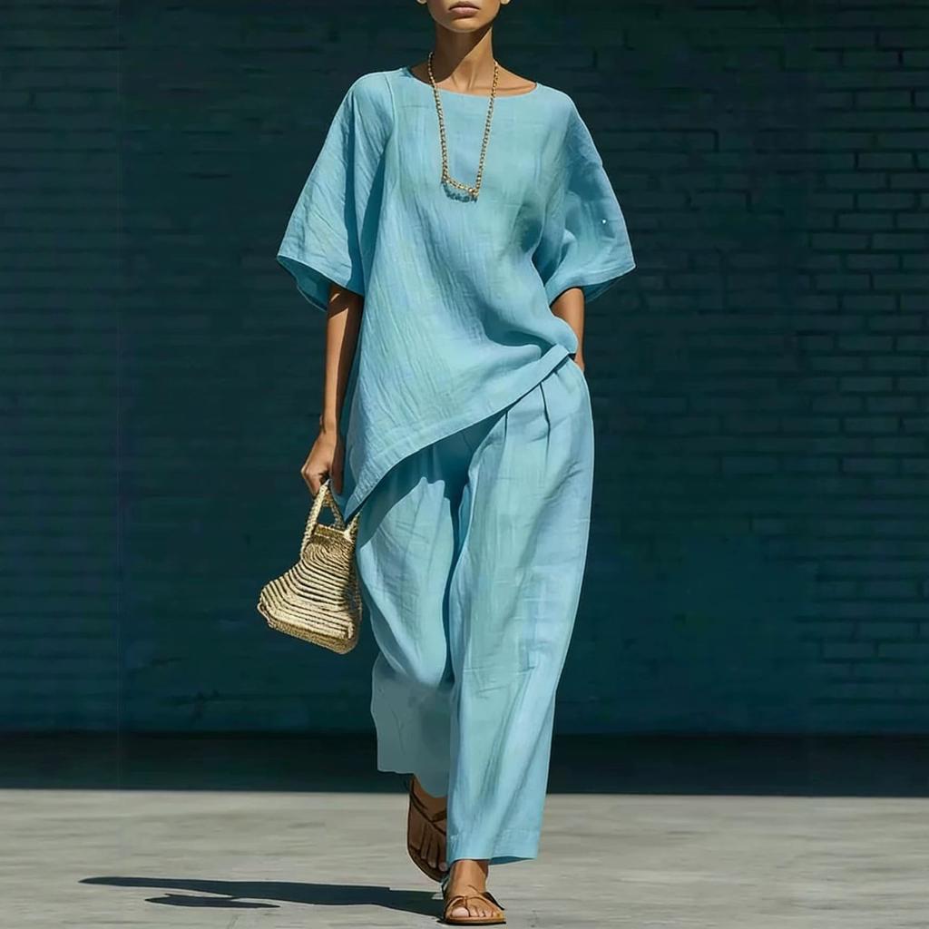 Completo da donna a tinta unita con scollo rotondo, maniche corte e pantaloni a gamba larga, casual, vestibilità larga, tuta estiva