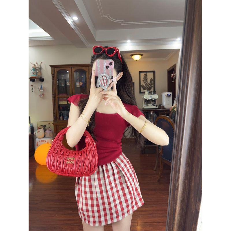 

Kumikumi Sweet Gyaru Set Solid Slim fit Short sleeve T-shirt Women Summer Plaid Skirt Two piece skirt Short skirt XL