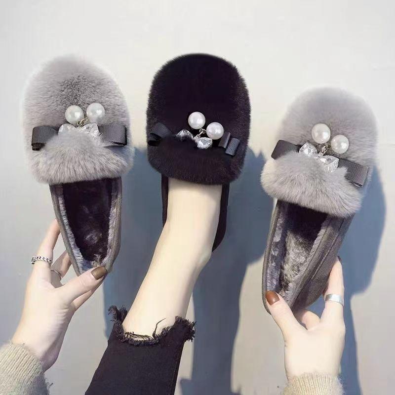 2025 Winter Damen Tasche Absatz Stoff Hausschuhe Samt Doudou Baumwollschuhe Bequeme Weiche Schuhe Niedliche Ein-Pedal Japanische Dicke Schuhe