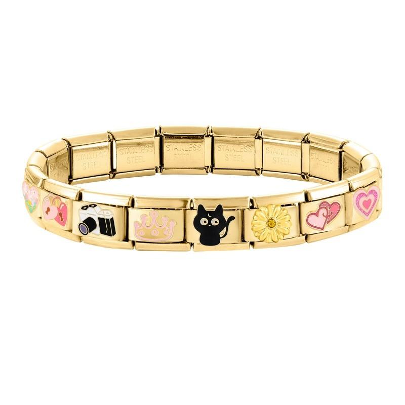Gold Color Black Cats Heart Devil Eyes Flowers Italian Charm Links Fit 9mm Stainless Steel Bracelet Men Women DIY Making