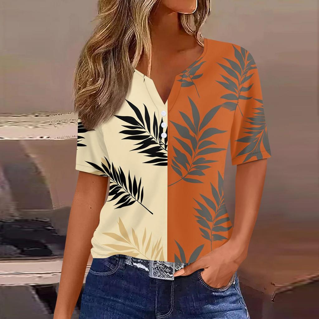 Women's fashionable casual Hawaiian print V-neck short-sleeved button-down T-shirt top