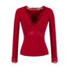Lace Splice V-Neck Slim Fit Waist-Cinching Cotton Top for Women - Ideal for Autumn/Winter
