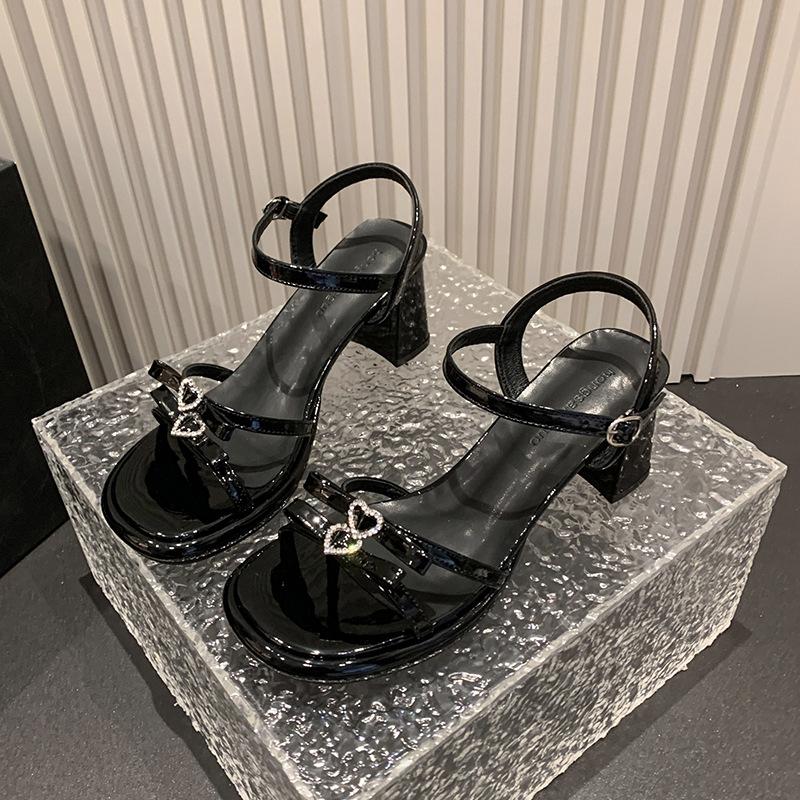 Soft leather version~ silver rhinestone bow thick heel open-toed sandals women's summer new one-word sandals high heels