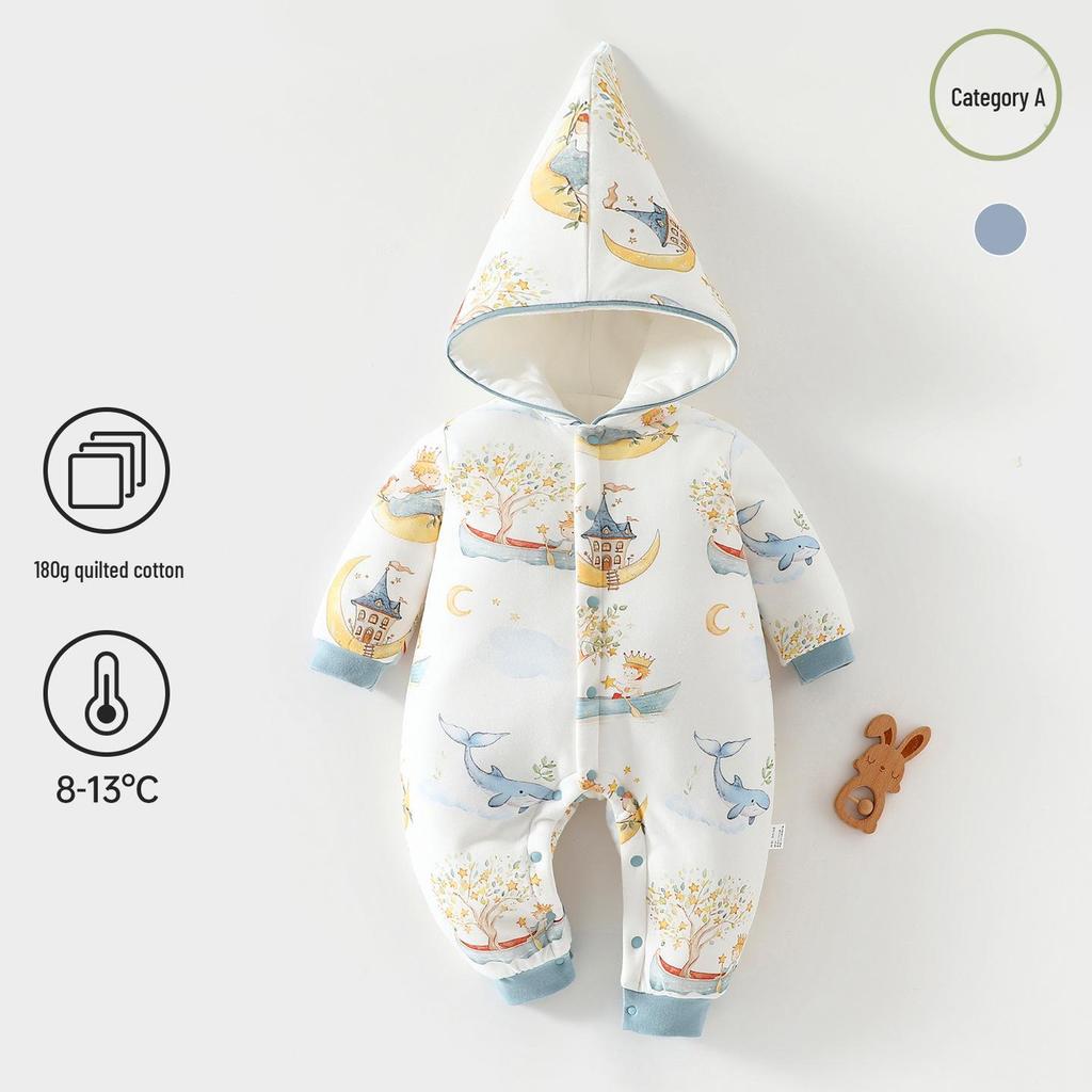 180g Thick Padded Hooded Baby Jumpsuit for Autumn/Winter - Warm Cotton Romper for Boys & Girls