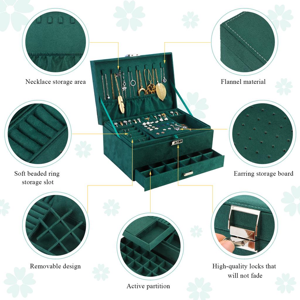 Vintage Green Flannel Jewelry Box For Women Girls, 3-Layer Large Capacity