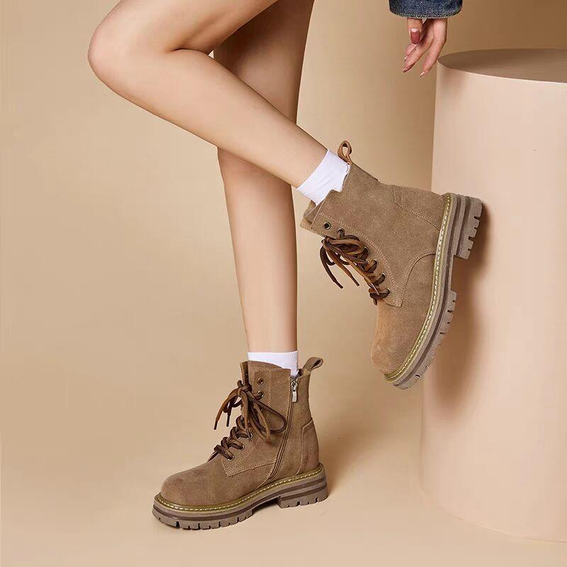 Fashion Women Boots Fashion Retro Leather Platform Round Toe Booties Brown High Quality Heightening Tooling Women Ankle Boot Botas Mujer