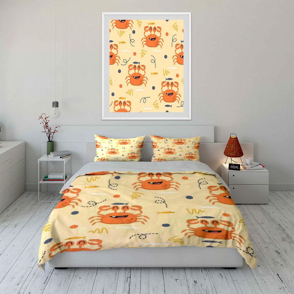 Cute Crab Pattern Home Decor Bedding Set with 1 Duvet Cover 2 Pillowcases Single Double King Queen, Gift