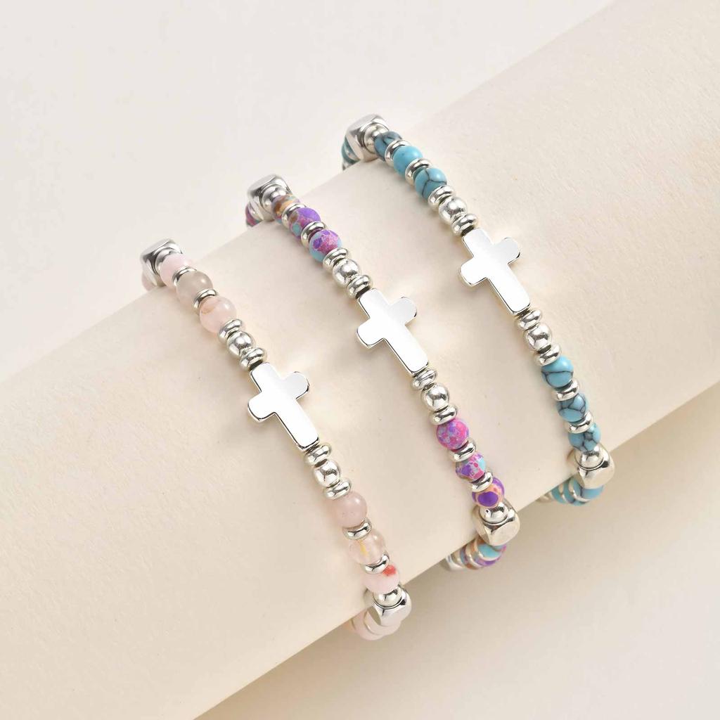 Christian Baptism Religious Beaded Cross Bracelet for Women Pink Crystal Beads Chain Bracelets Christian Easter Jewelry Gift