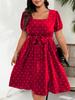 GIBSIE Große Größen Quadratischer Ausschnitt Gepunktetes Gürtelkleid Damen Elegant Retro Puffärmel Hohe Taille Sommer A-Linie Großer Schwung Kleider