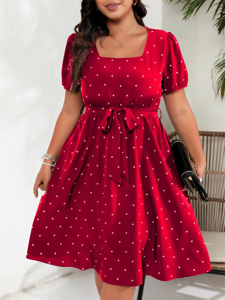 GIBSIE Große Größen Quadratischer Ausschnitt Gepunktetes Gürtelkleid Damen Elegant Retro Puffärmel Hohe Taille Sommer A-Linie Großer Schwung Kleider