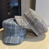 Korean Style Simple Octagonal Hat for Women  Fashionable and Versatile Flat Top Peaked Hat Spring and Autumn New Retro Houndstooth Plaid Painter's Hat