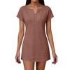 Women's Casual Solid Color Short Sleeve Dress with Embroidered V-Neckline Lightweight Summer Beachwear Tunic Dress