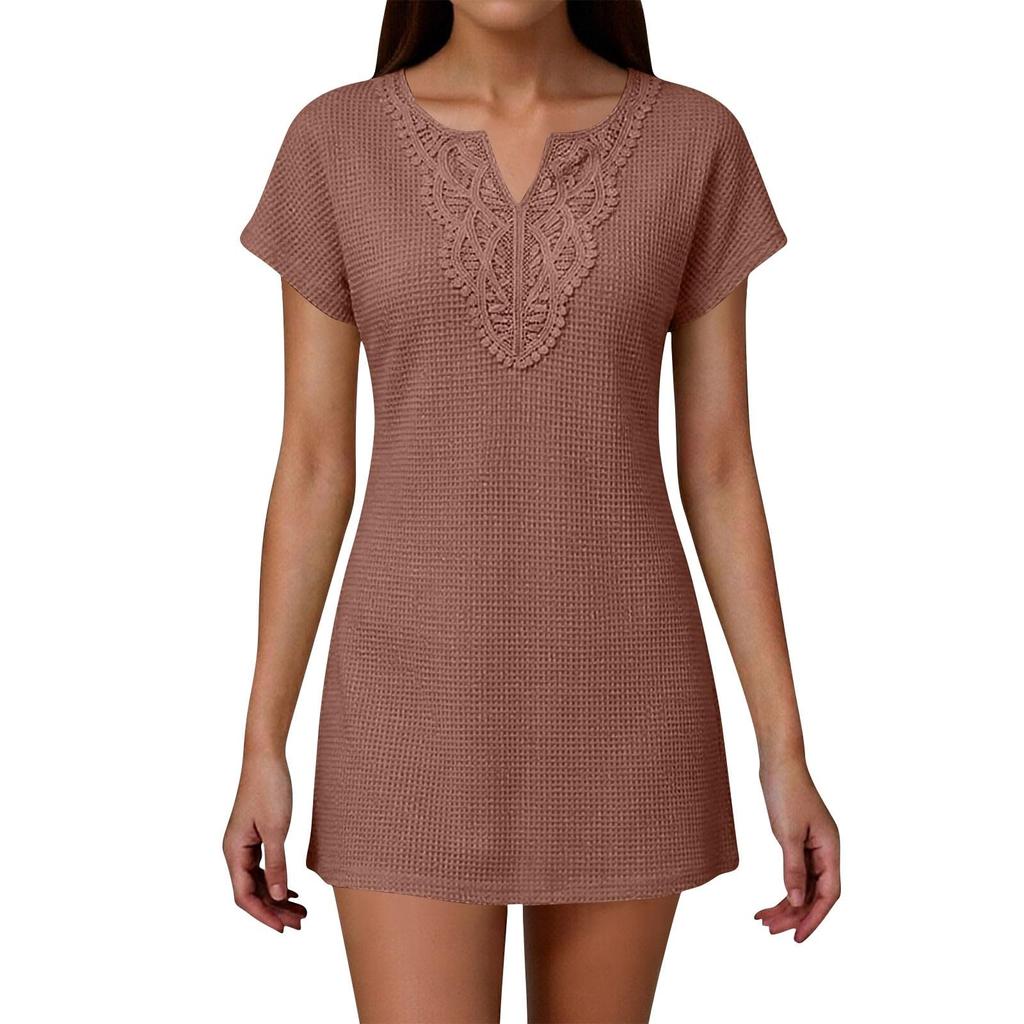 Women's Casual Solid Color Short Sleeve Dress with Embroidered V-Neckline Lightweight Summer Beachwear Tunic Dress