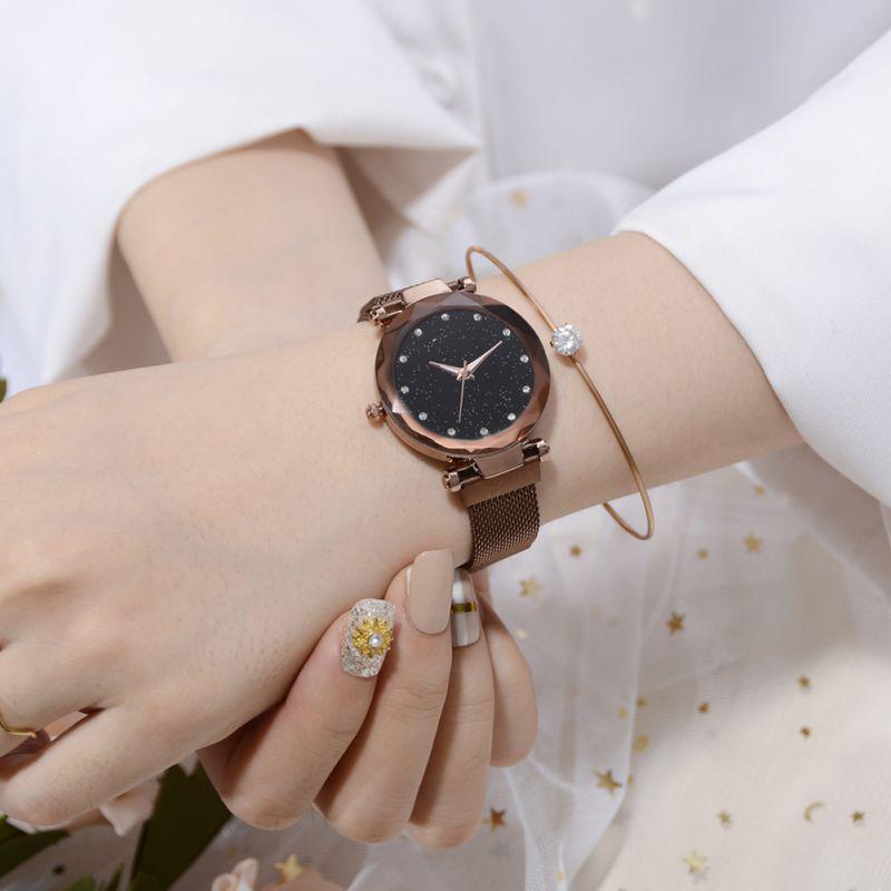Women's Prismatic Glass Scale Starry Sky Stainless Steel Bracelet Mesh Band Quartz Wrist Watch