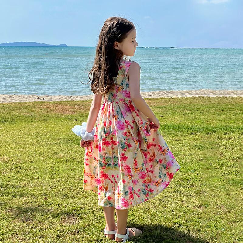 Girls' Pink Floral Cotton Sleeveless Princess Dress