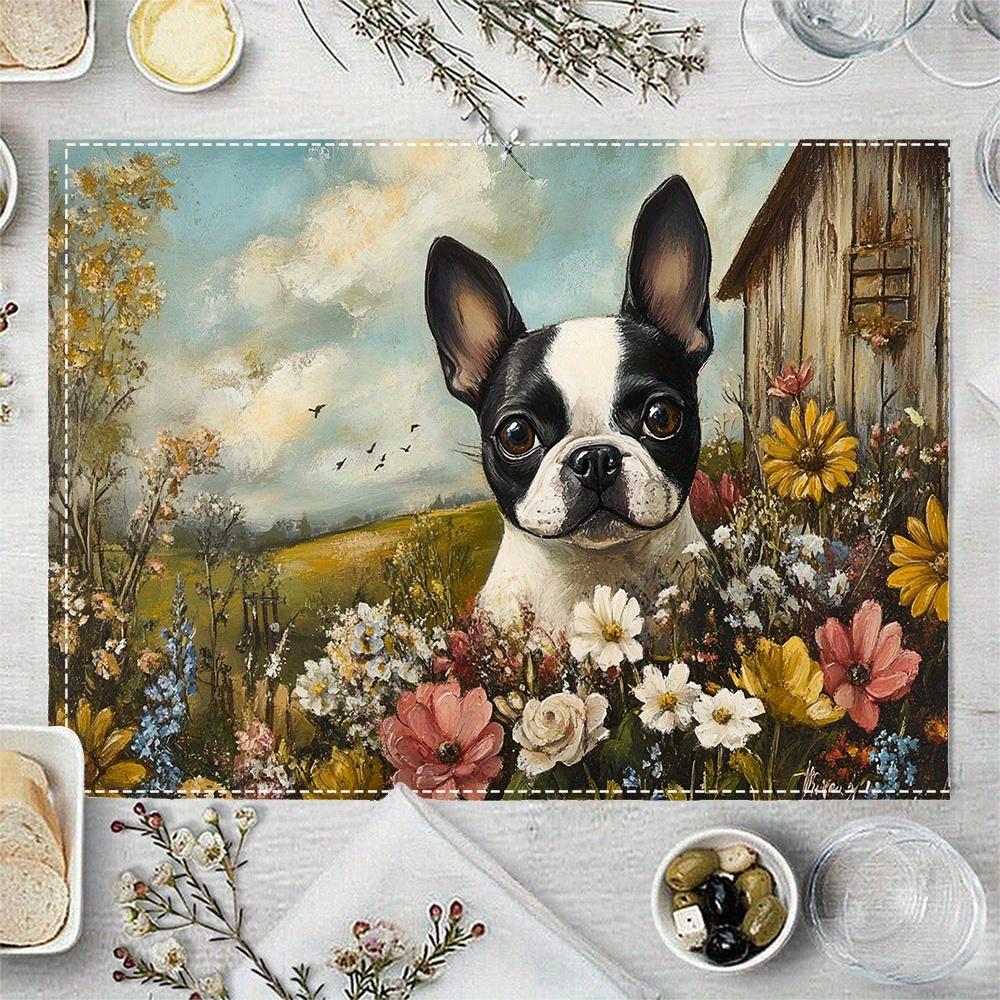 1pcs Boston Terrier Linen Placemats,  Decorative Dog Design for Dining, Kitchen, Indoor Festivals, and Home Decor