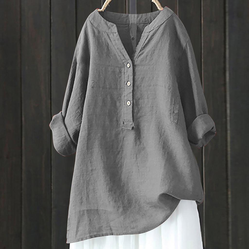 Camicia estiva taglie forti tinta unita casual in cotone e lino, camicetta vintage con tasca, abbigliamento da donna