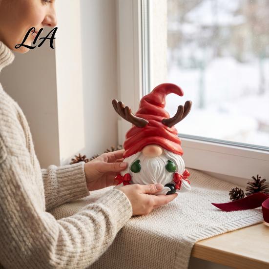 Wooden Gnome Ornaments Christmas Figurine, Resin Tomte with Tree Hat & Reindeer Double Sided Printed Decorations Antlers, Holiday Tabletop Decor