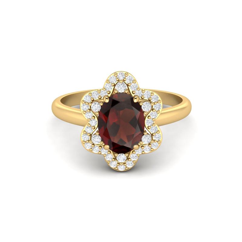 Anello da fidanzamento da donna Solitario Halo placcato oro in Argento Sterling 925 con Pietra Preziosa Granato Ovale 8x6MM