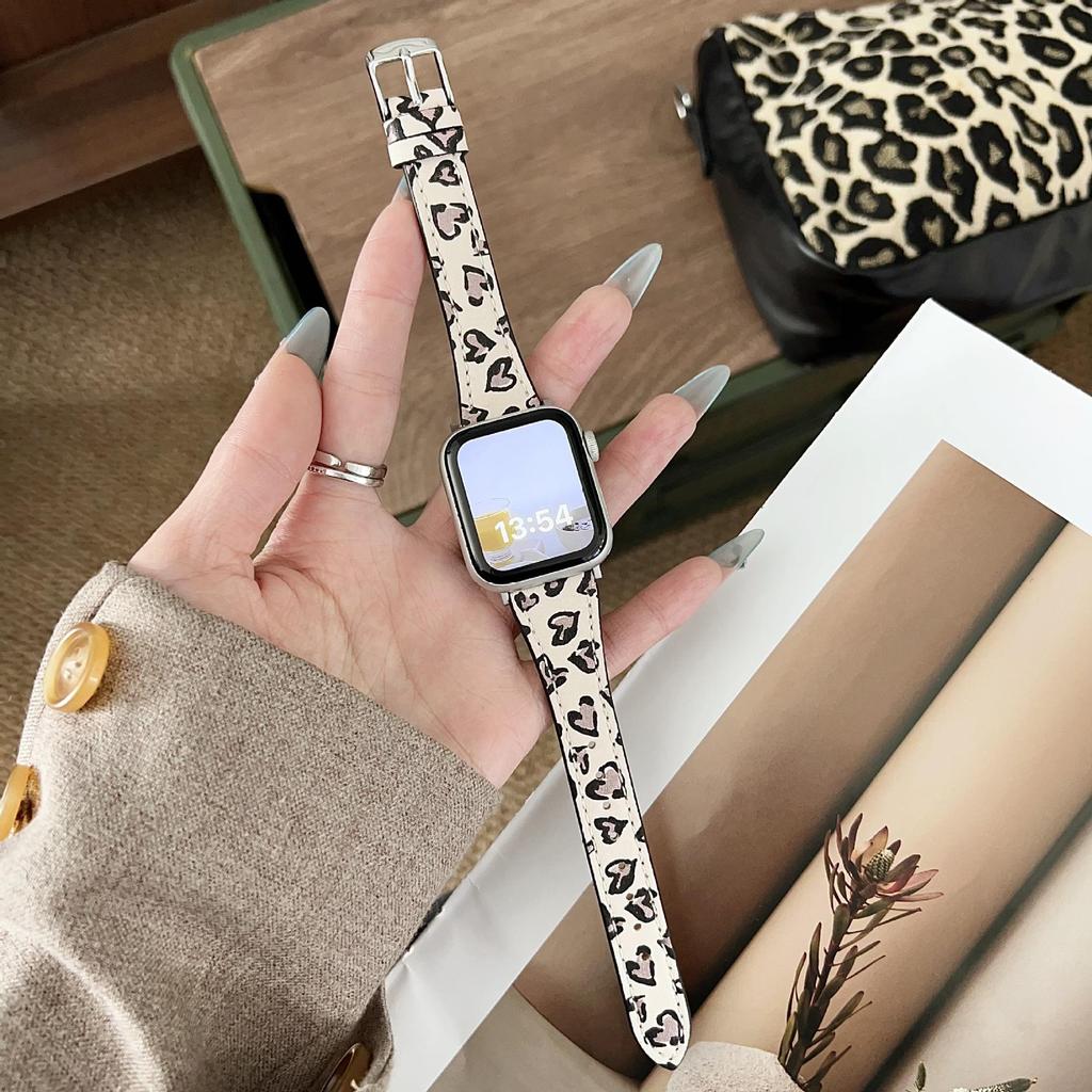Leopard Print Leather Strap for Apple Watch 11 iWatch 10987E, Huawei FIT4, Xiaomi 9PRO