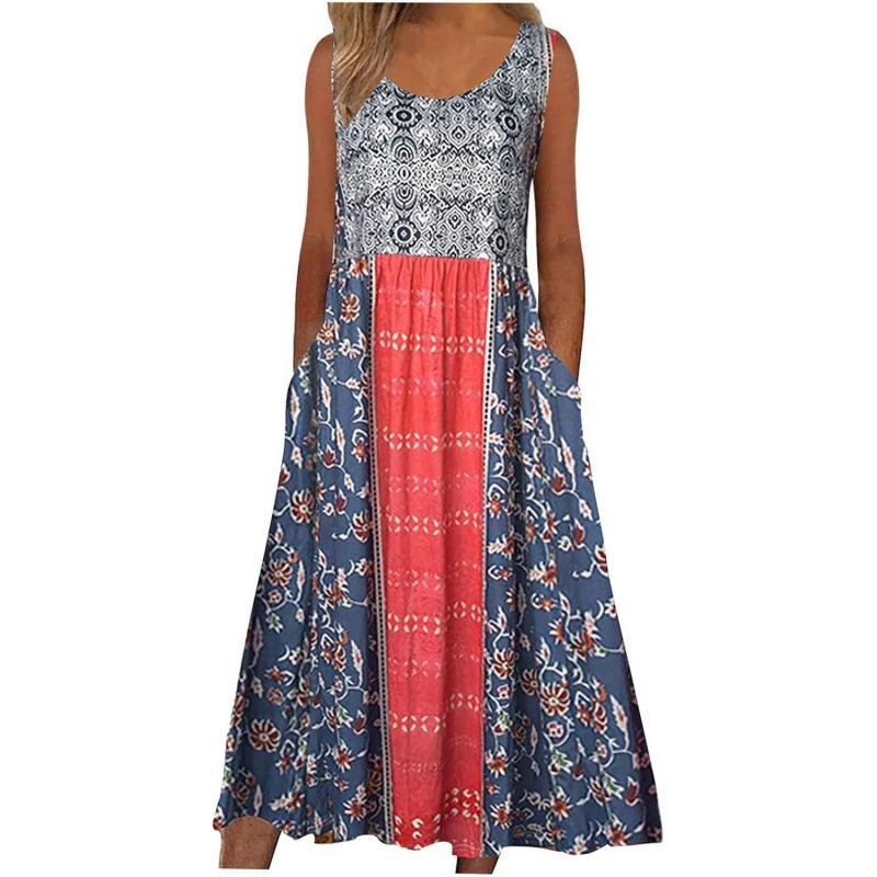 Sleeveless Summer Loose Printed Dress New Women's Bohemian Floral Casual A-line Dresses Large Size Beach Sundress with Pockets Flowing and Loose
