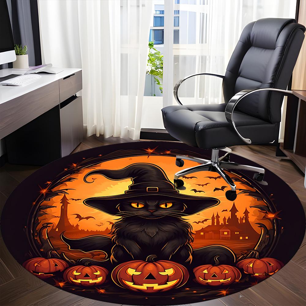 1pc Halloween Cat Office Round Area Rug, Under Office Chairs Bedroom Living Room Home Decor, Room Deco, Available In Various Sizes