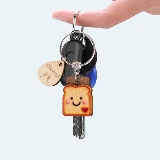 Wooden Toast Keychain with Card Cartoon Bread Slices Key Ring Backpack Schoolbag Hanging Decoration Bag Charm Purse Pendant New Beginnings Gifts