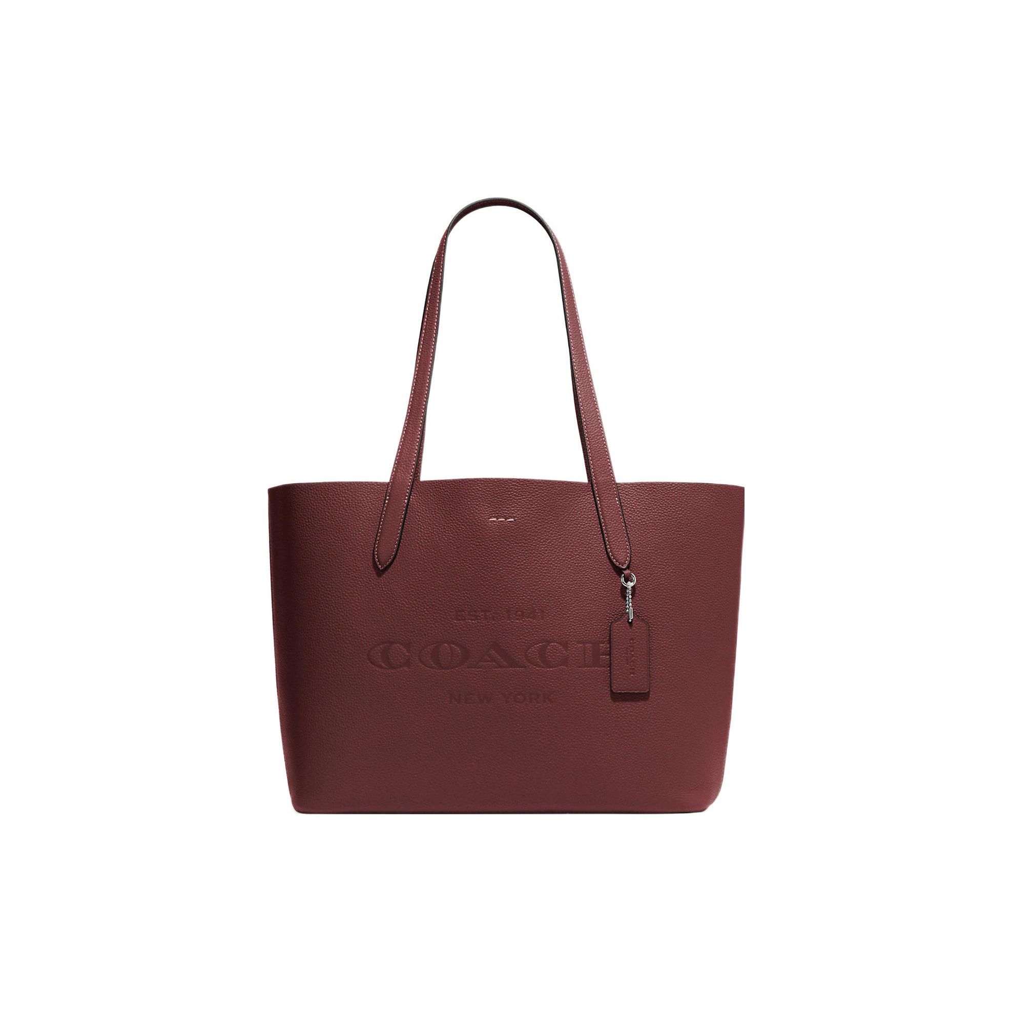 Coach Women's Grain/Dark/Red 34 Solid Color Embossed Logo Snap Pebble Leather Tote Shopping Bag Tote - Cc050-Svwn