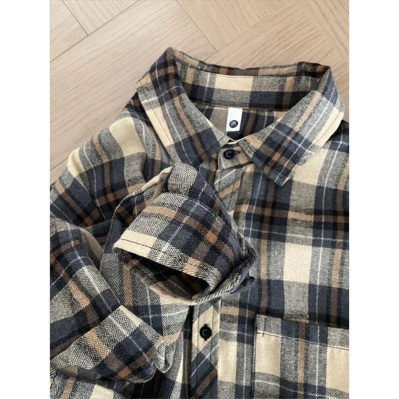 Men's Yellow Plaid Long Sleeve Shirt - Spring Autumn Retro Trend Brand, Versatile Inner Shirt/Jacket for Couples