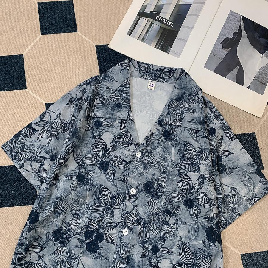 Summer Island Vacation Style Ice Silk Short Sleeve Floral Shirt Men's Hawaiian Cuban Collar Shirt Cool Fashion for Men