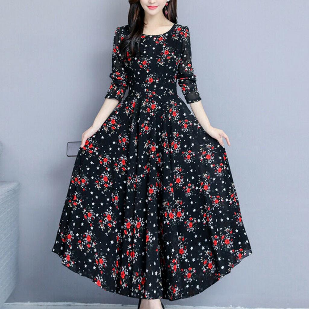 Women Floral Beach Dress Long Sleeve Casual Party Vintage Boho Dress