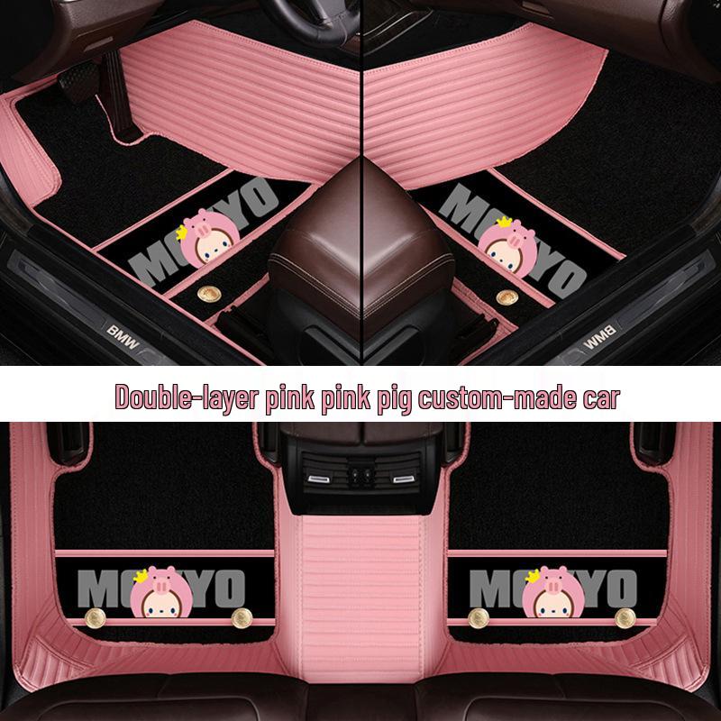 Custom Leather Car Floor Mats for Women - Cartoon Design, Double-Layer, Full Coverage