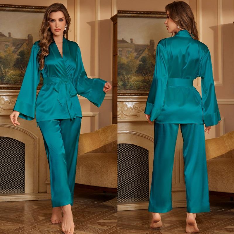 Set Pijama Mătase Femei Primăvară Vară Elegant Culoare Solidă Haine de Dormit Halat Pantaloni Lungi Haine de Casă Set 2 Piese