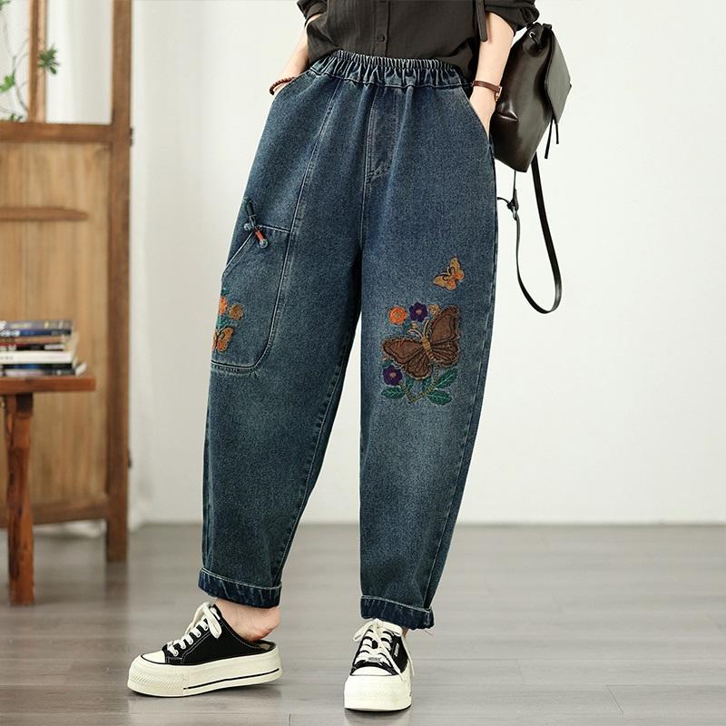 plus size Vintage floral embroidery high waist casual loose Women spring autumn jeans denim Harem Pants