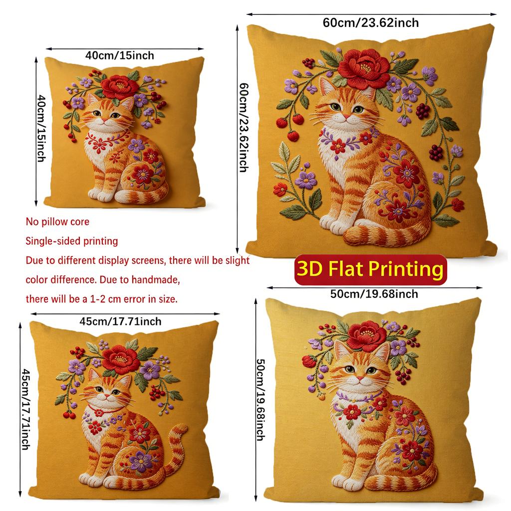 Vintage Embroidered Floral Orange Cat Throw Pillow Covers Pattern Cushion Cover Suitable For Sofa Bedroom Car Pillow Cover