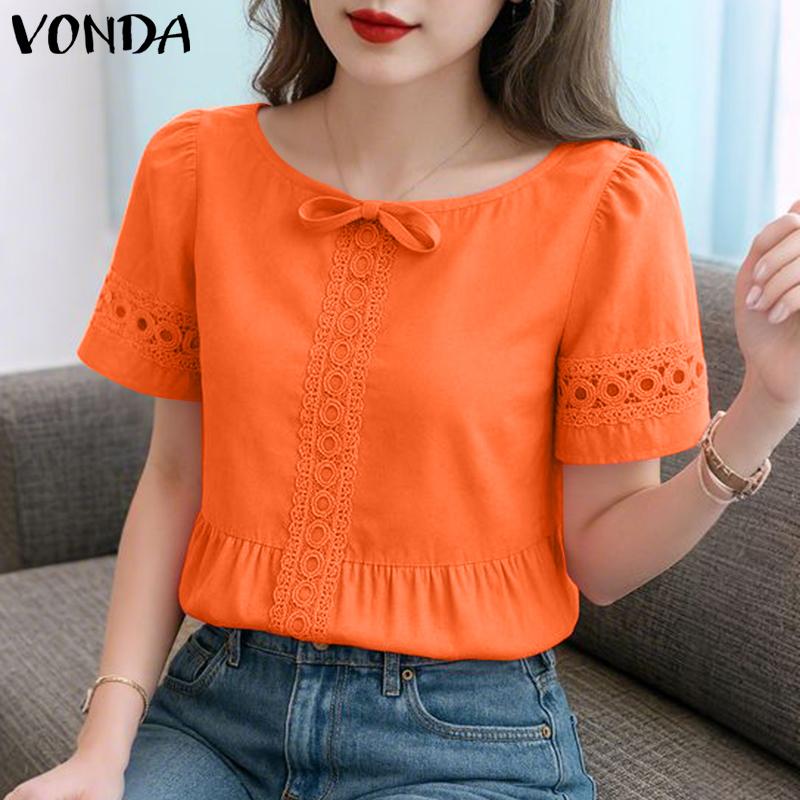 VONDA Women Short Sleeve Blouse Casual Lace Crochet Hem Hollow Tops